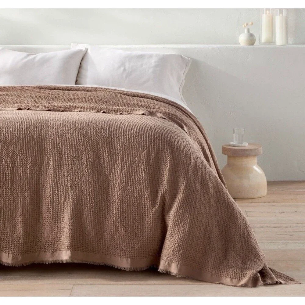 SET King Textured Waffle Coverlet & 2 King Shams Brown - Casaluna NEW